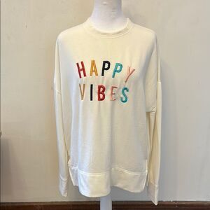 Mary Square Cream Sweatshirt with Colorful 'Happy Vibes' Text Size M EUC